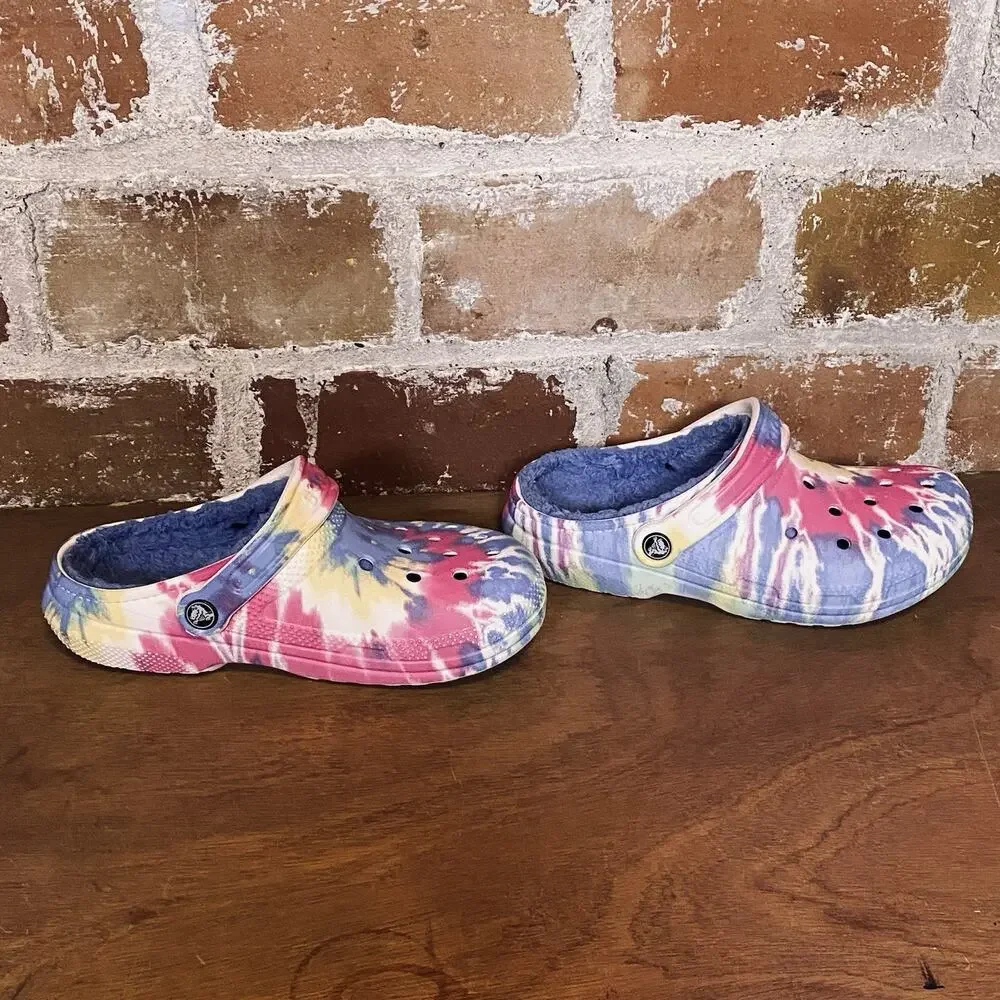 Red Blue Yellow Tie Dye‎ Crocs Fuzzy Insole Unisex Men 4 Women 6